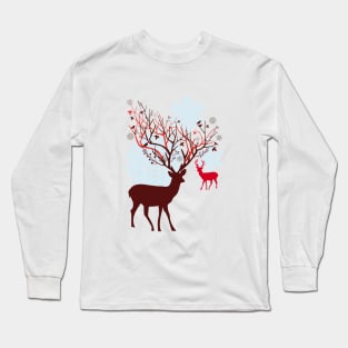 Christmas deer with tree branch antlers and birds Long Sleeve T-Shirt